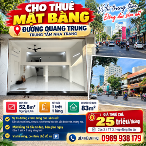 Cho thuê mặt bằng đường Quang Trung, Nha Trang. 52m² ngang 6.4m