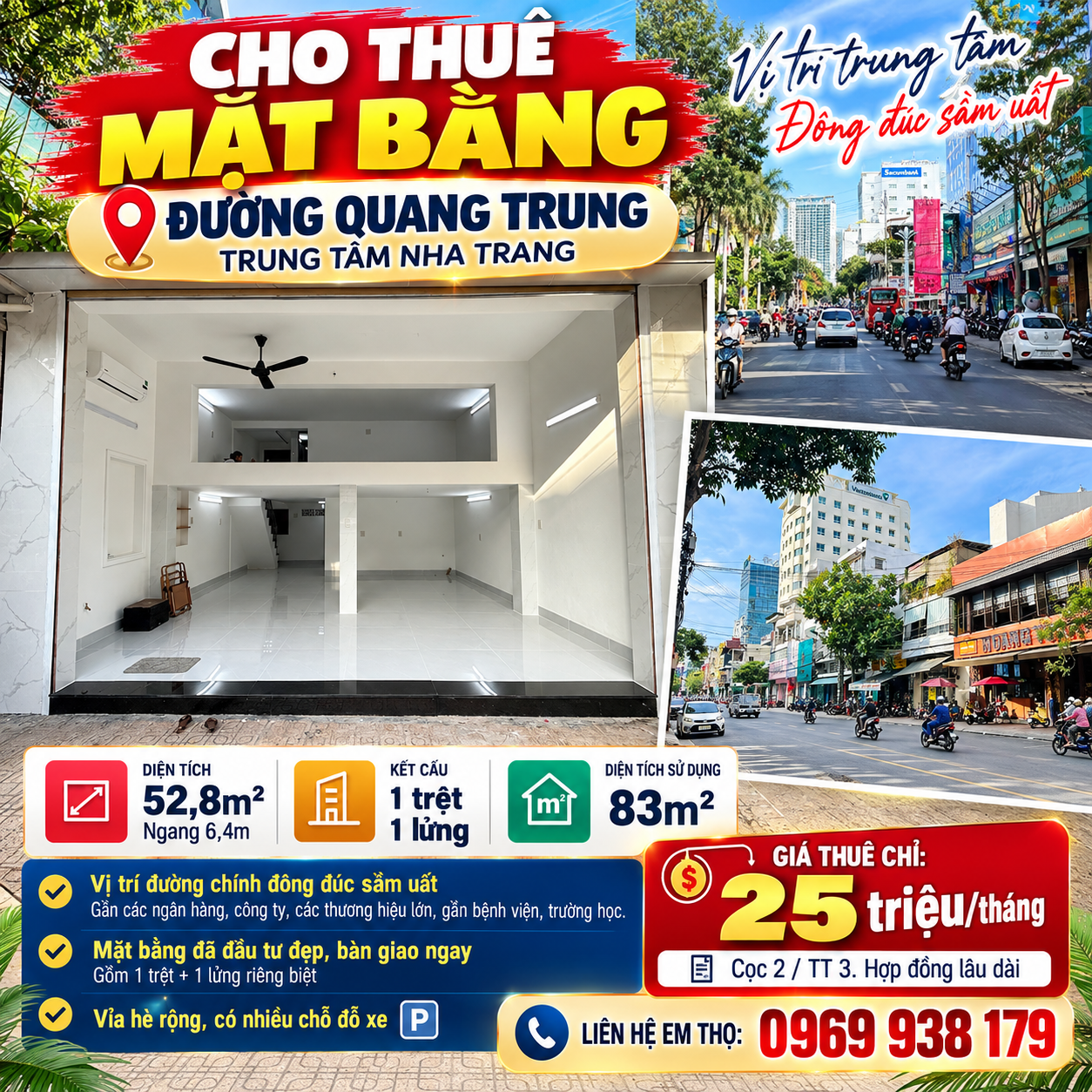 Cho thuê mặt bằng đường Quang Trung, Nha Trang. 52m² ngang 6.4m